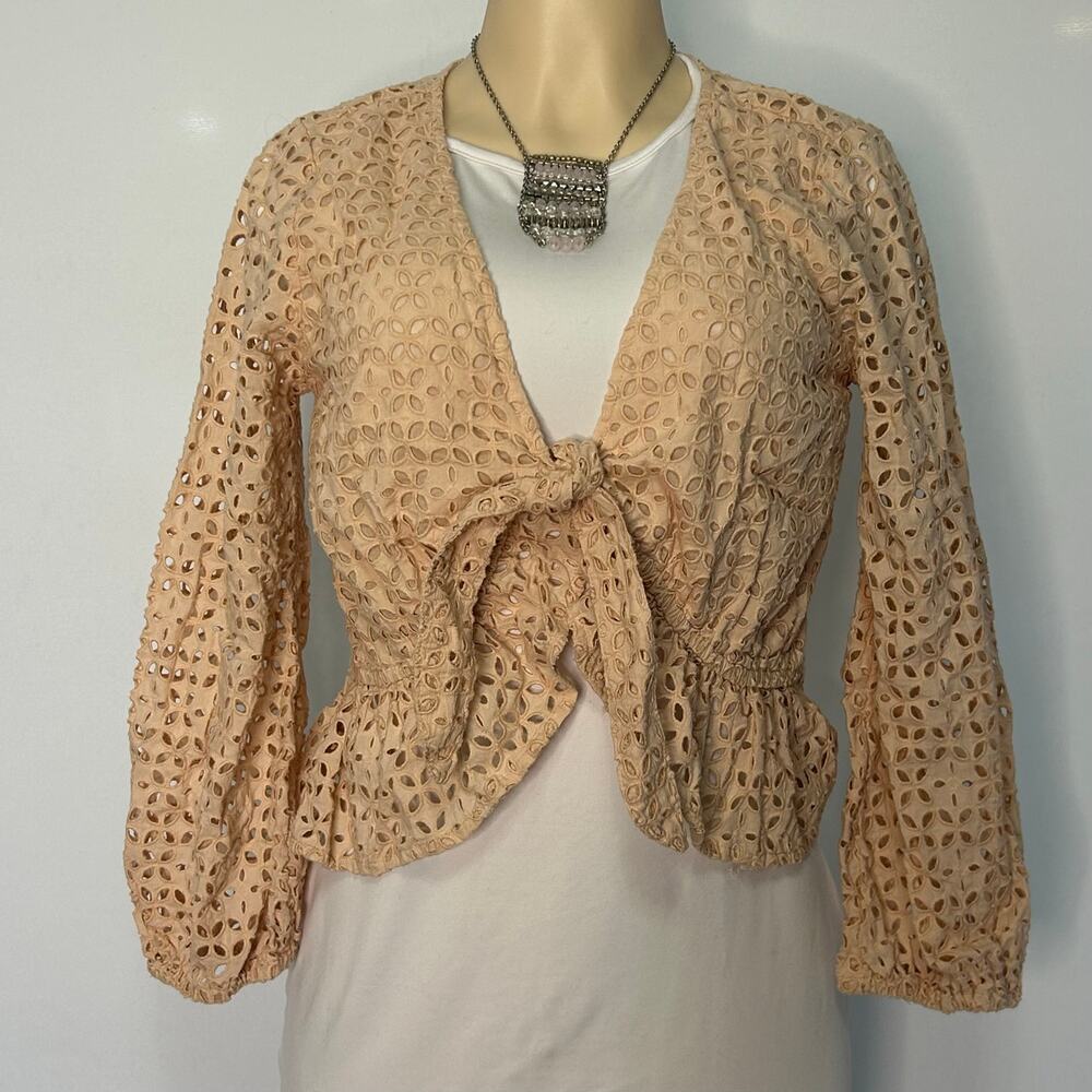 Women’s Beige Eyelet Tie Front Peplum Blouse Boho Cottagecore Long Sleeve Top